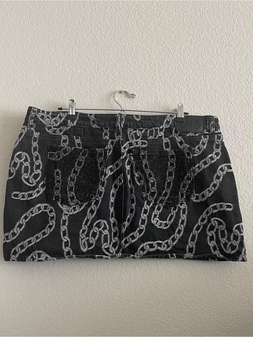 Disturbia Black Denim Mini Skirt with Silver Chain Print